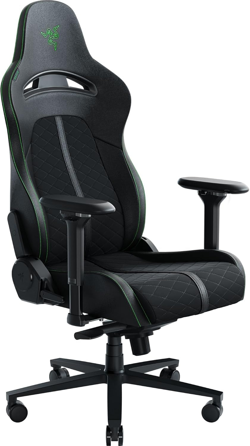 Enki Gaming Chair: All-Day Comfort - Built-In Lumbar Arch - Optimized Cushion Density - Dual-Textured, Eco-Friendly Synthetic Leather - Reactive Seat Tilt & 152-Degree Recline - Black/Green