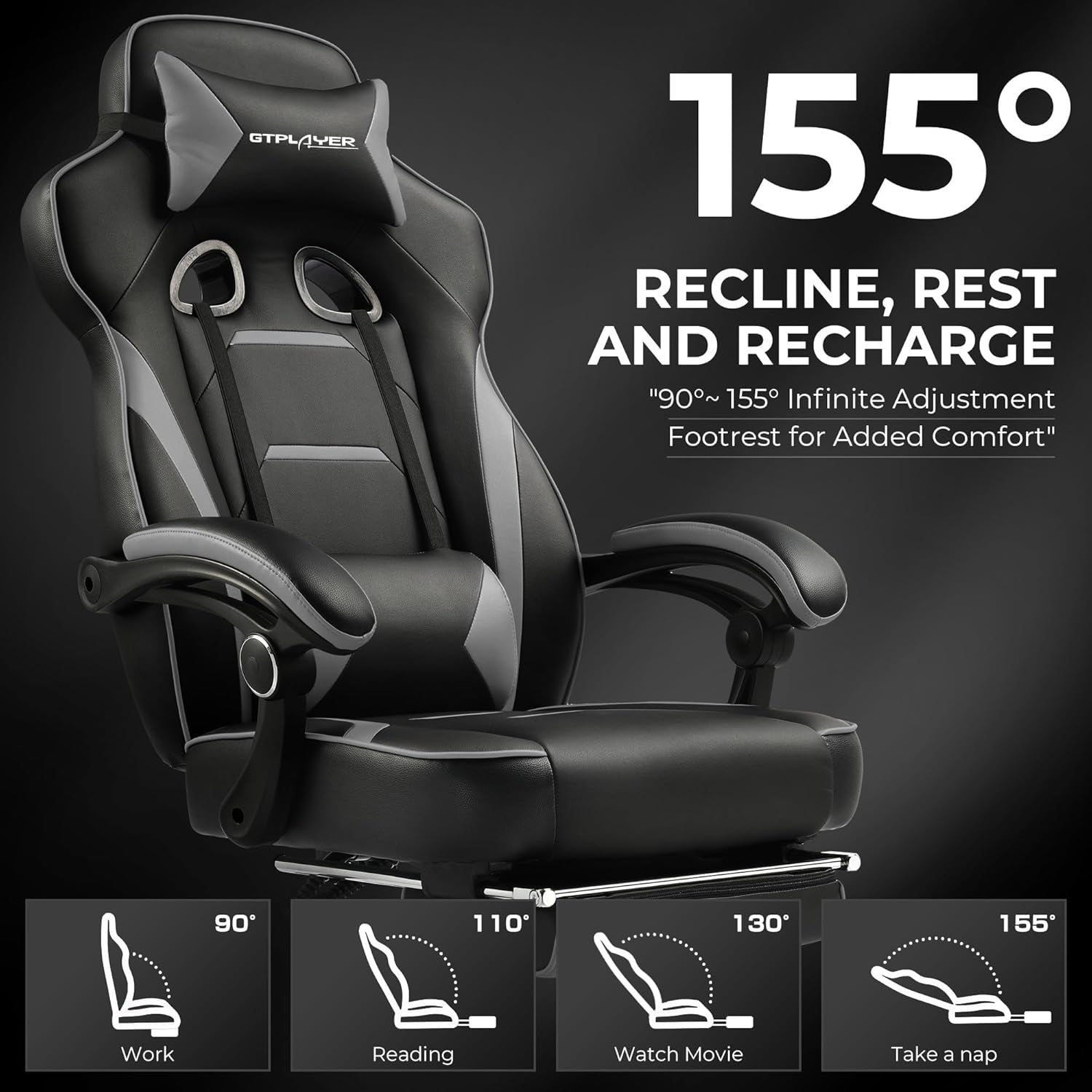Gaming Chair with Footrest, Big and Tall Computer Game Chair 350Lb Racing Style, Ergonomic High Back Lumbar Support and Recliner, Moon Gray