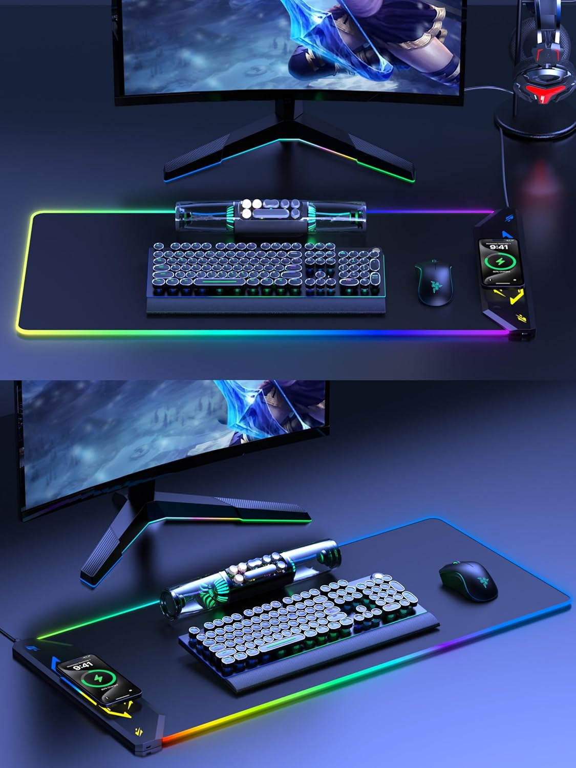 Wireless Charging Mouse Pad, RGB Gaming Mousepad, 35.4" X 15.8" Extra Large Waterproof Keyboard Desk Pad, Cool Computer Desk Mat, Black (Includes 20W PD Power Adapter & 6.56Ft Woven Cable)
