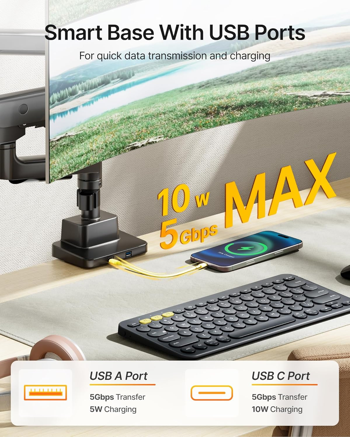 Sleek Aluminum Monitor Arm for 17–57” Ultrawide Screens up to 59 Lbs, USB 3.0 A/C, Heavy Duty Dual Monitor Arm Desk Mount, Pneumatic Lift, Quick-Release Plate, Clamp/Grommet, Max VESA 100X100