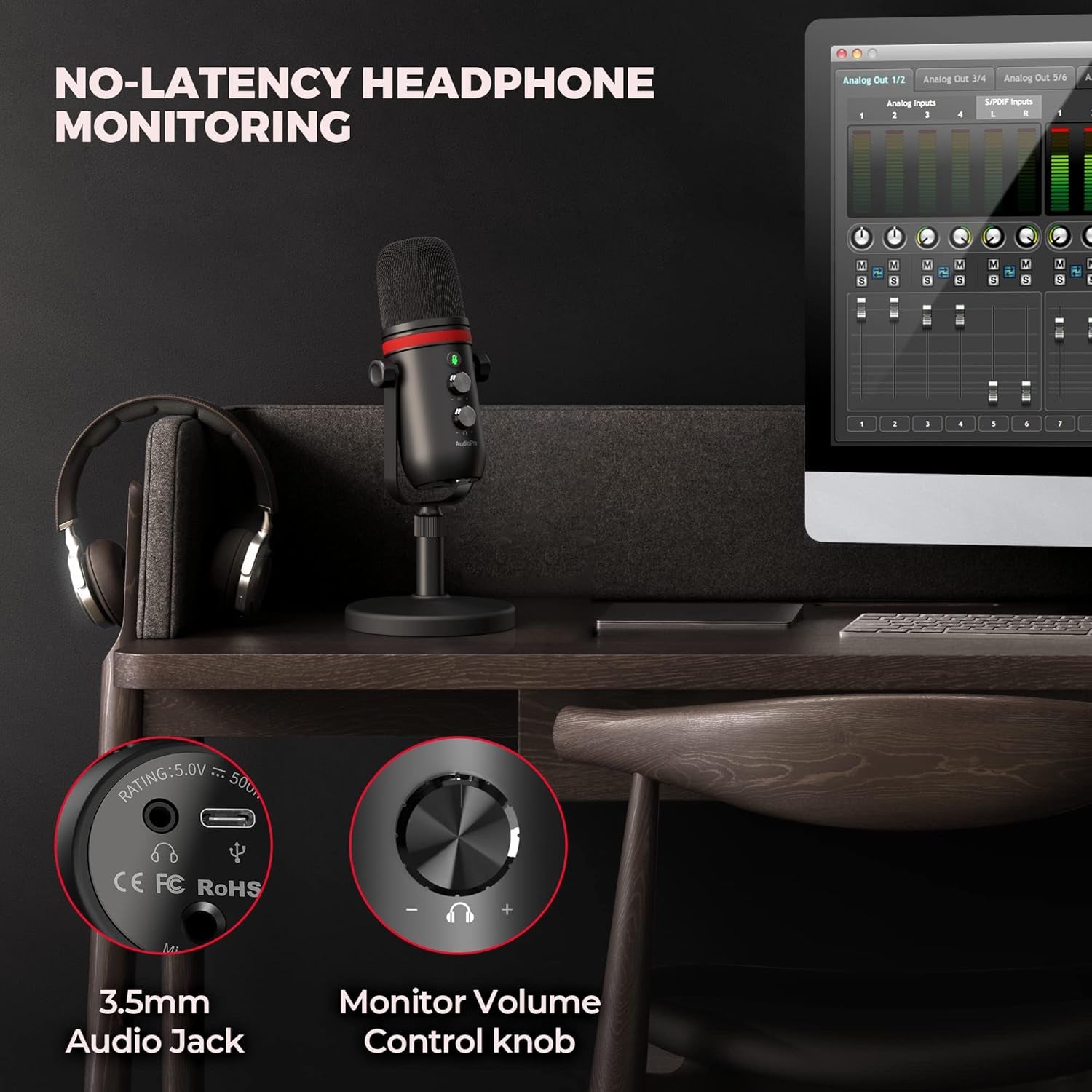 USB Microphone, Computer Condenser Gaming Mic for Pc/Laptop/Ps4/5, Headphone Output, Volume Control, USB Type C Plug and Play, LED Mute Button, for Streaming, Podcast, Studio Recording