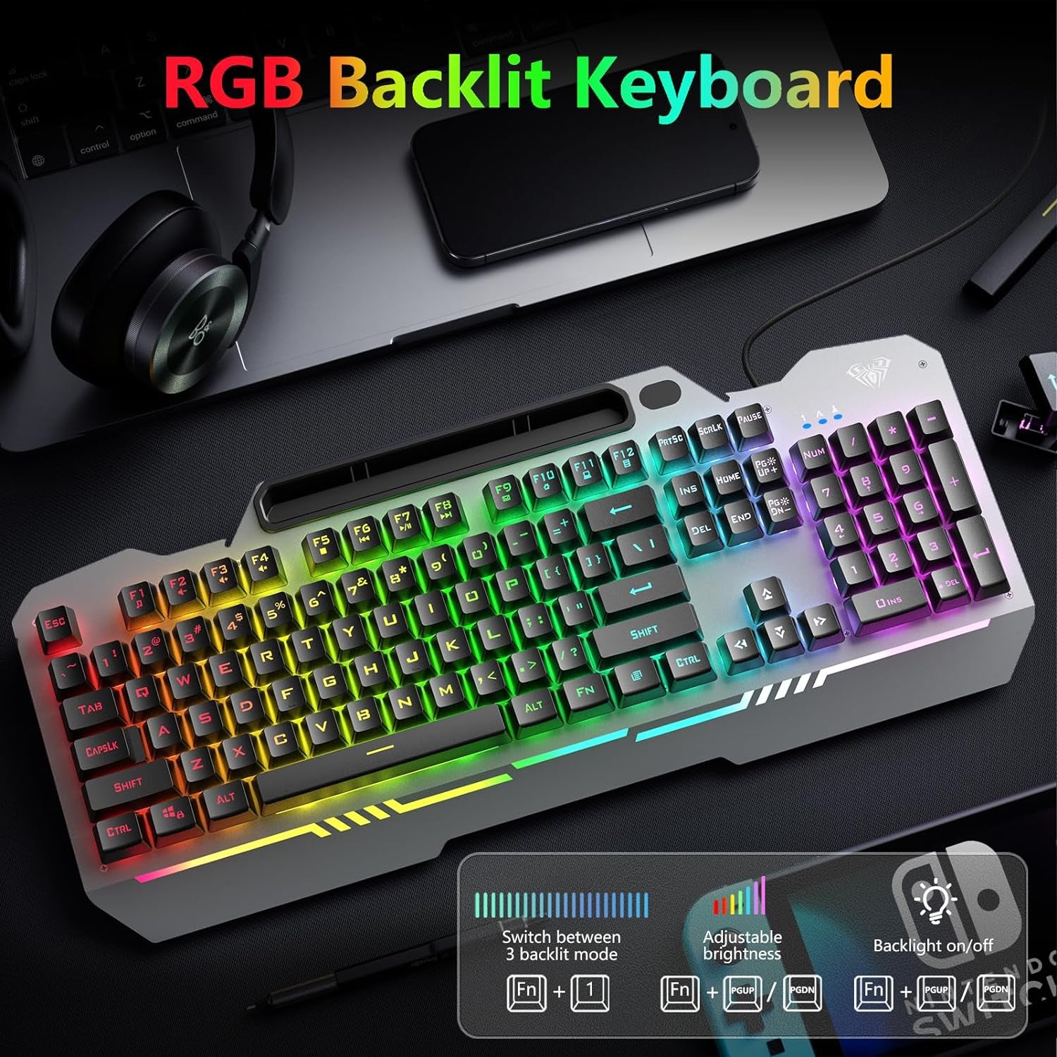 Keyboard, T102 104 Keys Gaming Keyboard and Mouse Combo with RGB Backlit Number Pad, All-Metal Panel Waterproof Light up PC Keyboard, USB Wired Computer Keyboards Gaming for MAC Xbox PC Gamer