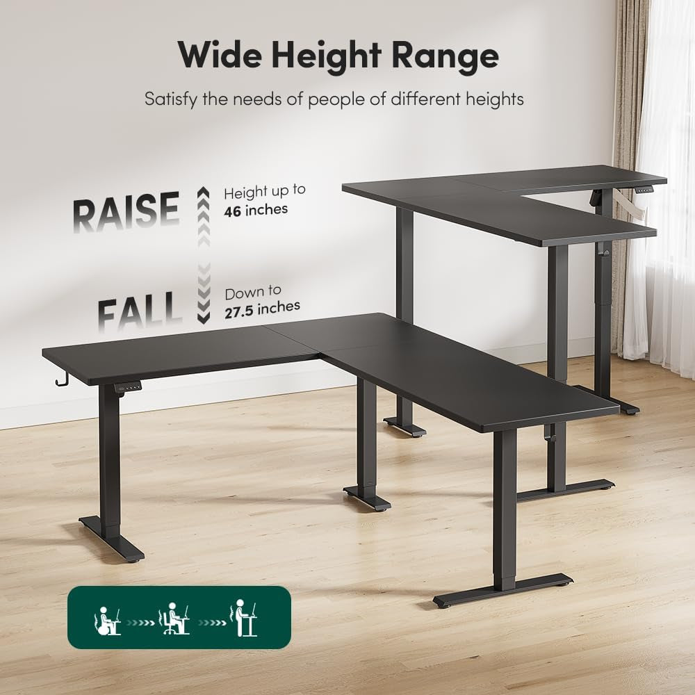 75X63 L Shaped Standing Desk, Electric Height Adjustable L Shaped Desk, Suitable for Home Office, Black